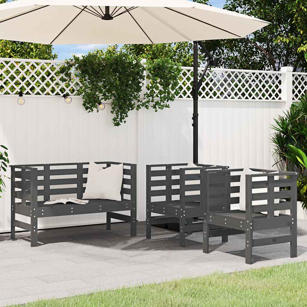 3 Pcs conjunto lounge de jardim madeira de pinho maciça cinza