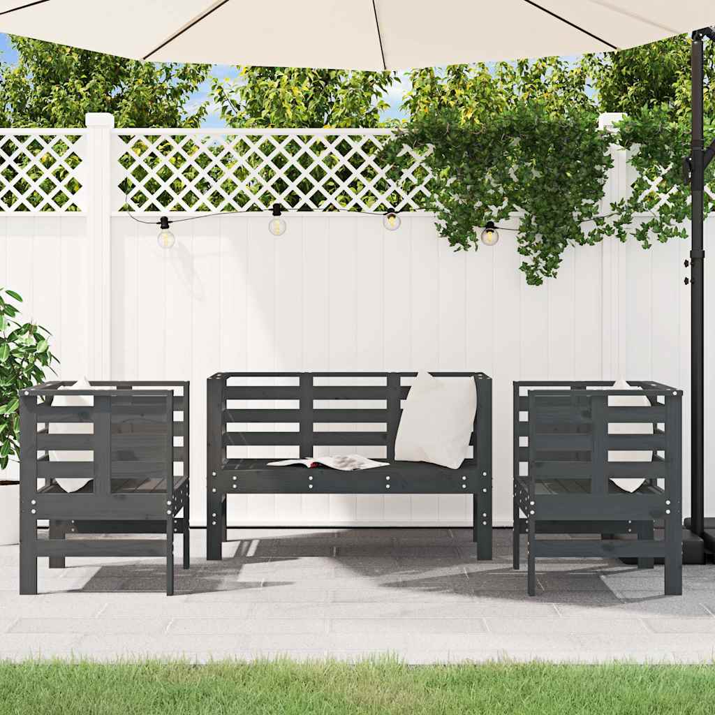 3 Pcs conjunto lounge de jardim madeira de pinho maciça cinza