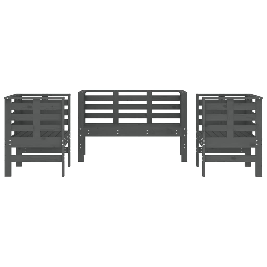 3 Pcs conjunto lounge de jardim madeira de pinho maciça cinza