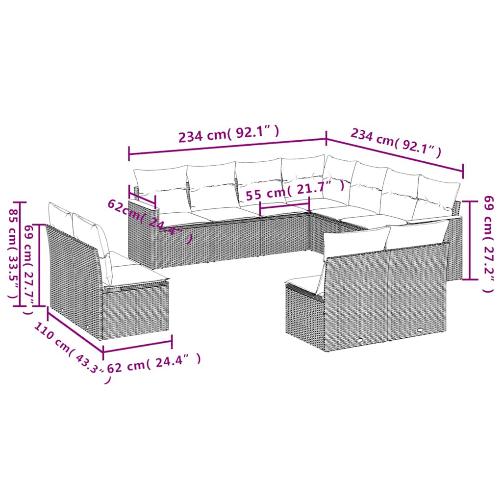 11 Pcs conjunto sofás de jardim c/ almofadões vime PE preto