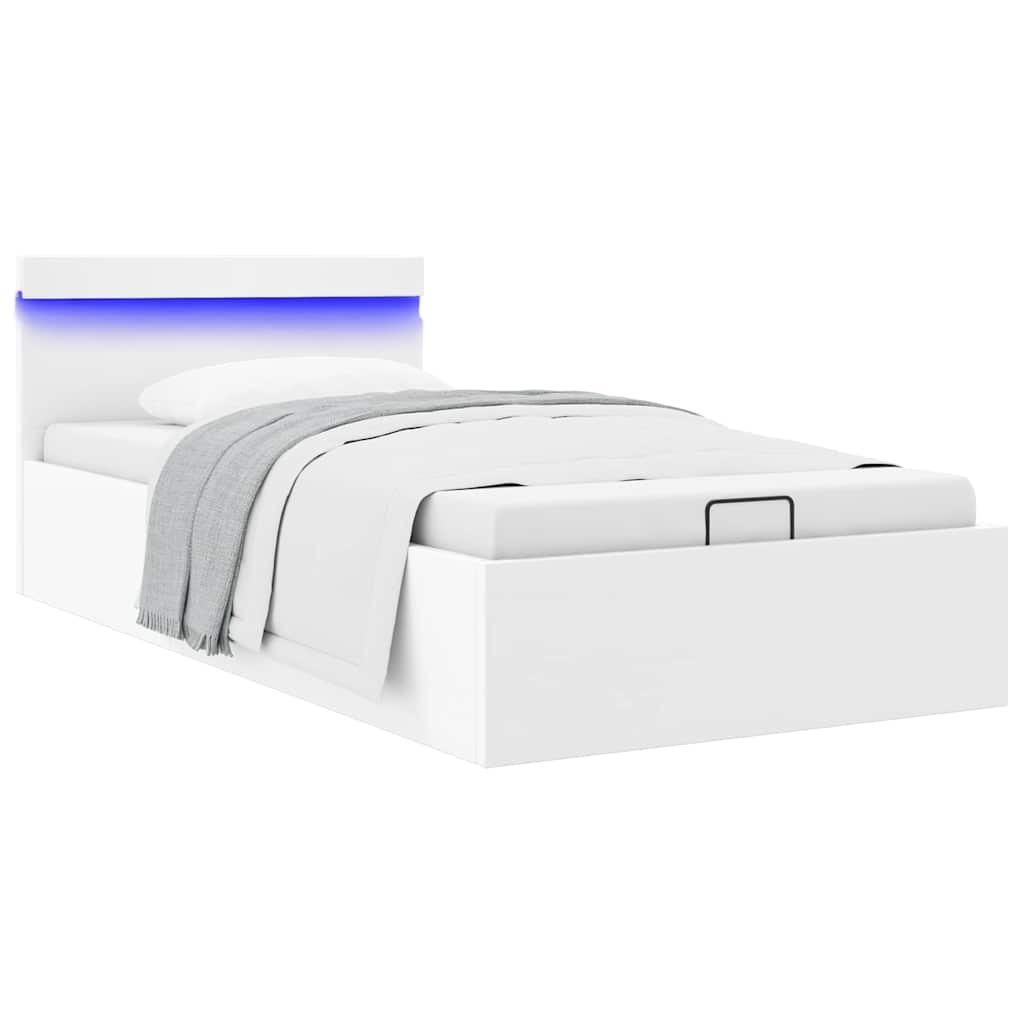 Cama hidráulica c/ arrumação LED 90x200cm couro artifi. branco