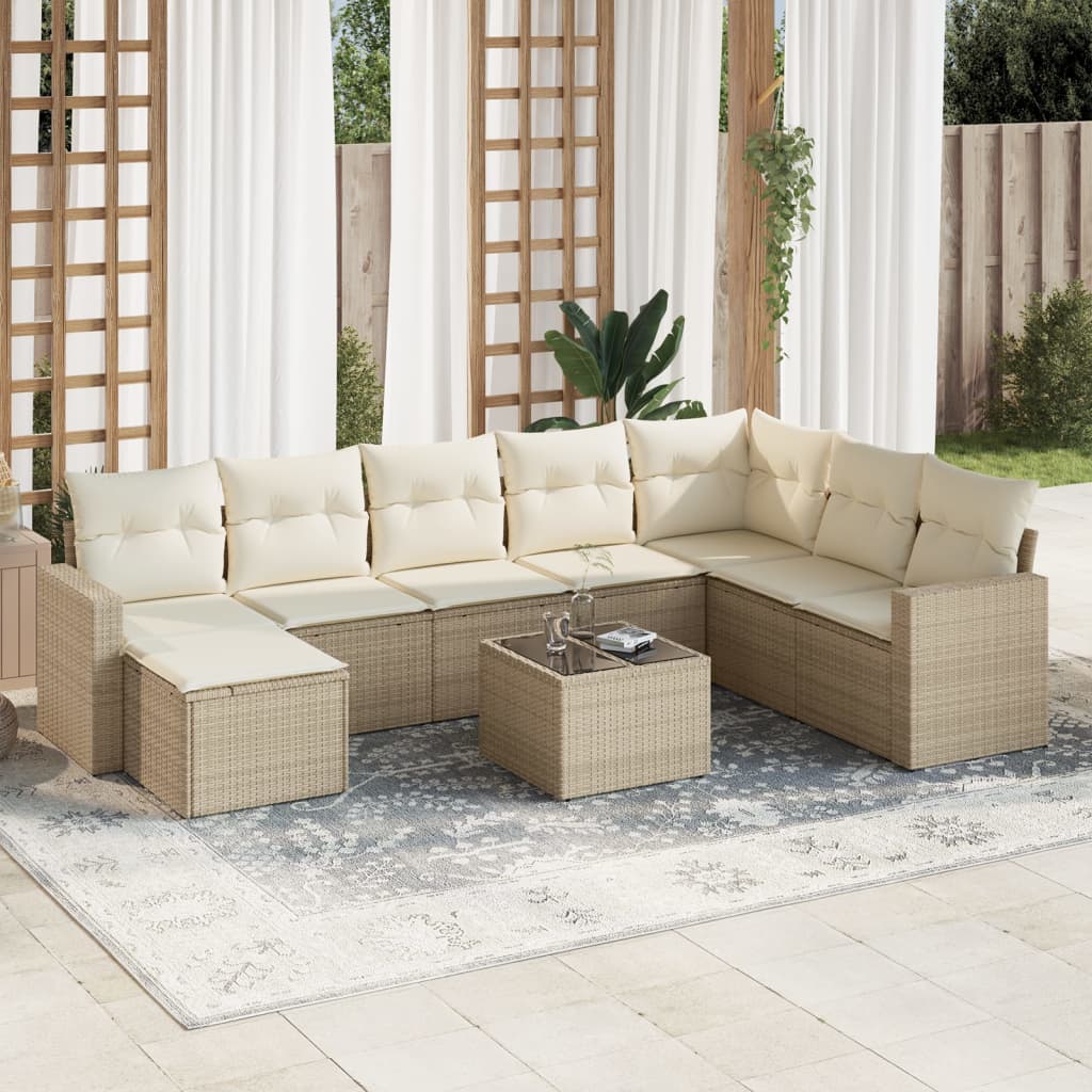 9 Pcs conjunto de sofás p/ jardim com almofadões vime PE bege
