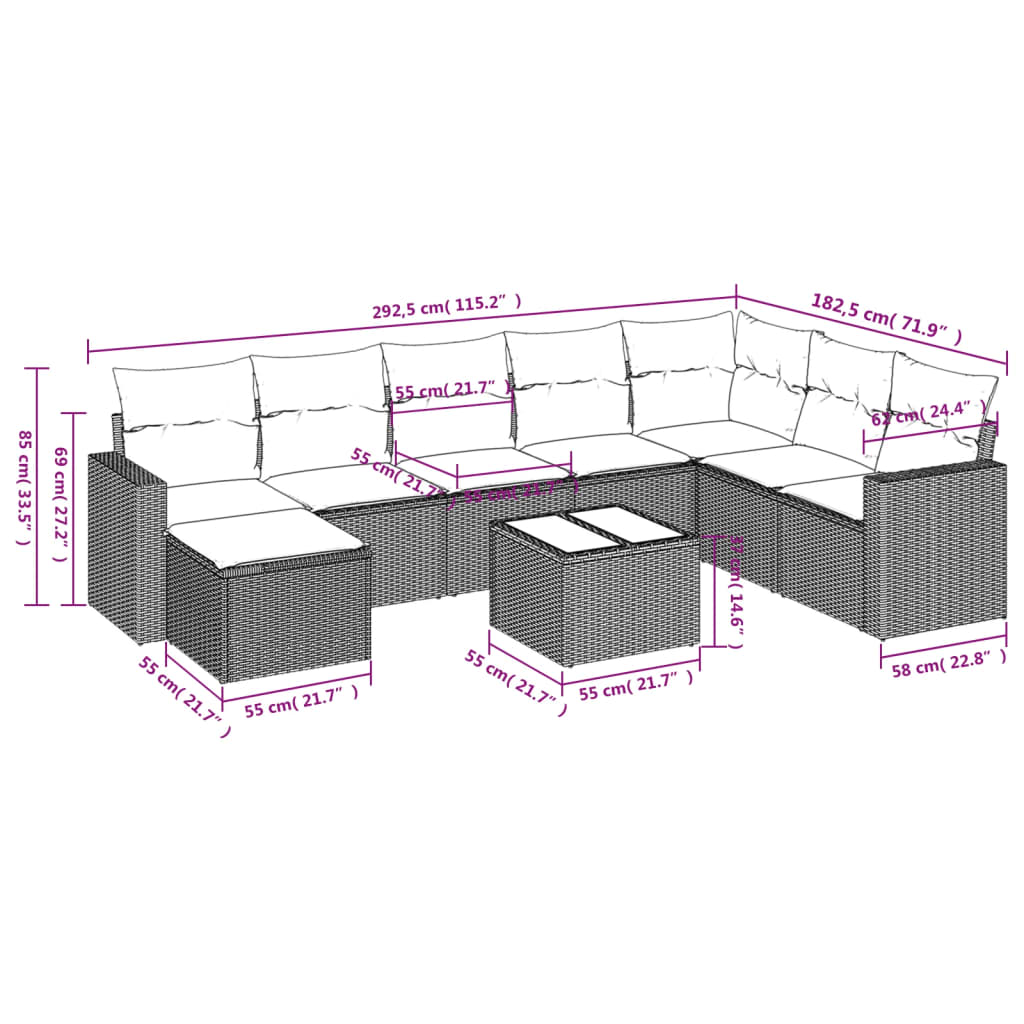 9 Pcs conjunto de sofás p/ jardim com almofadões vime PE bege