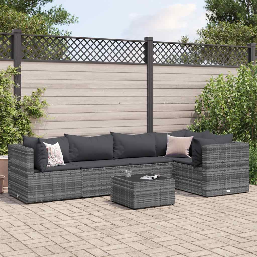 5 Pcs conjunto lounge de jardim c/ almofadões vime PE cinzento