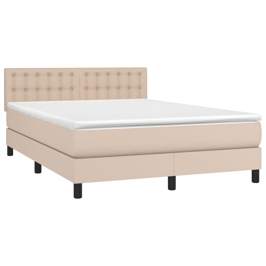 Cama box spring c/colchão/LED 140x190cm couro artif. cappuccino