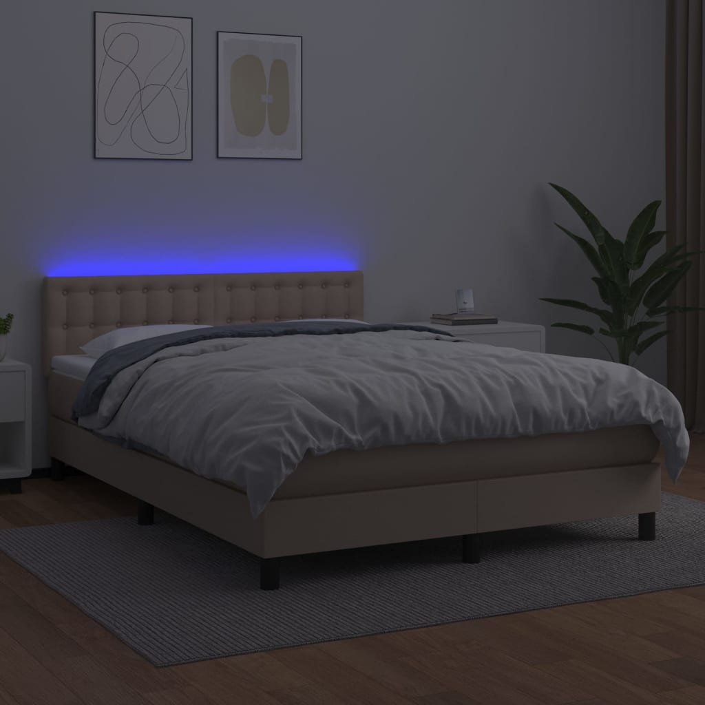 Cama box spring c/colchão/LED 140x190cm couro artif. cappuccino