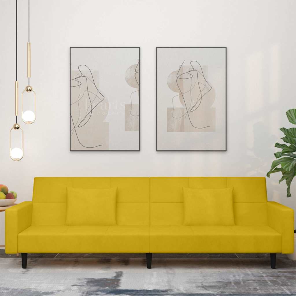Sofá-cama 2 lugares com duas almofadas veludo amarelo