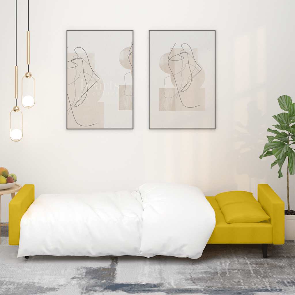 Sofá-cama 2 lugares com duas almofadas veludo amarelo