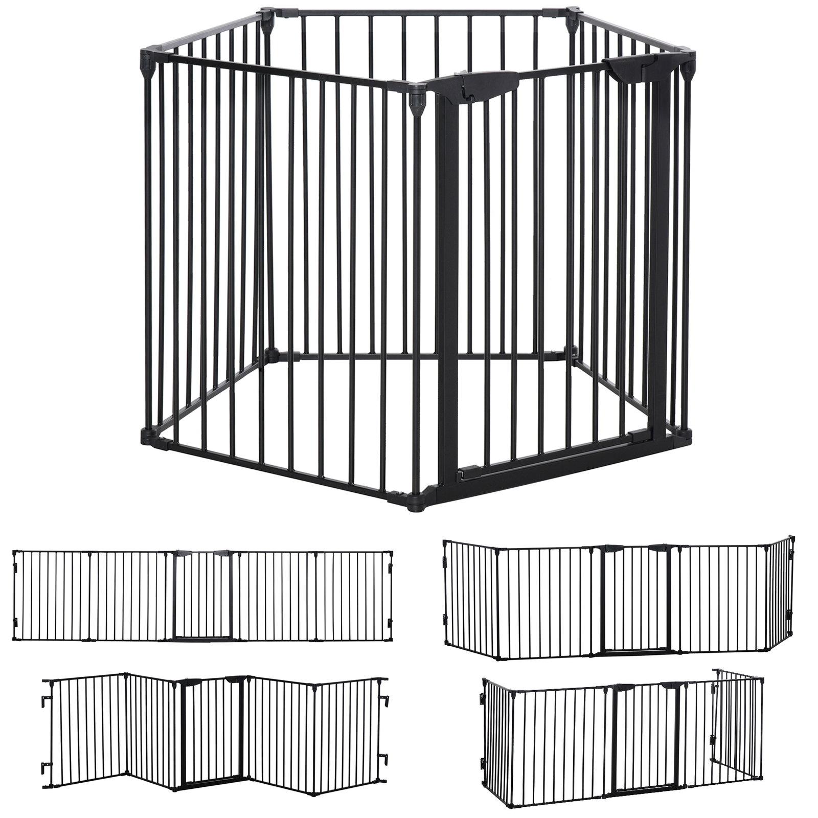 Barreira de segurança para animais de estimação barreira dobrável de 5 painéis com fechadura inteligente 300x74,5 cm preto