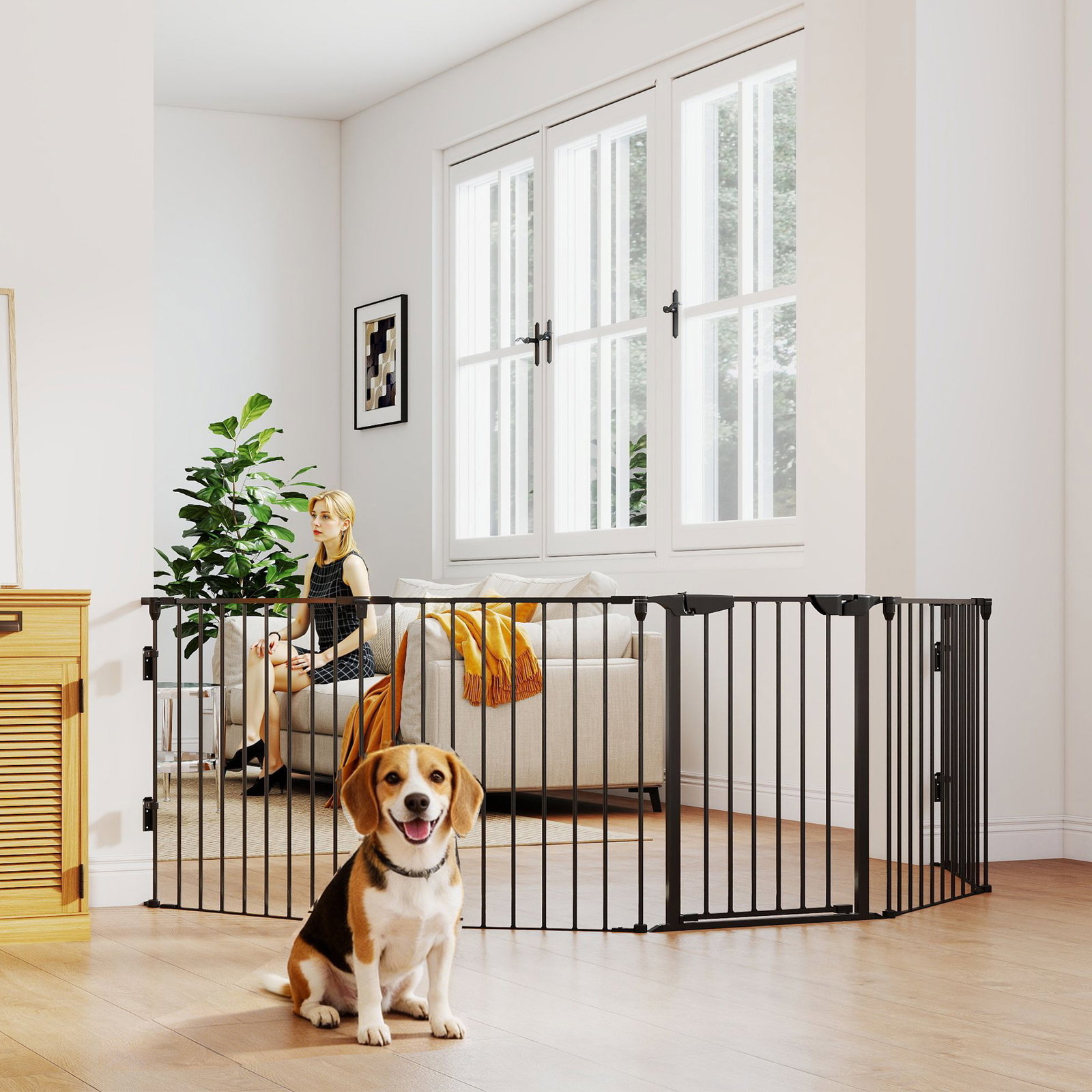 Barreira de segurança para animais de estimação barreira dobrável de 5 painéis com fechadura inteligente 300x74,5 cm preto