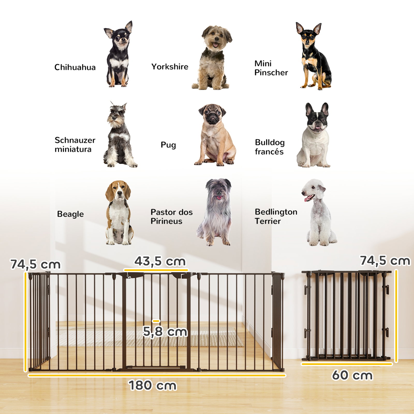 Barreira de segurança para animais de estimação barreira dobrável de 5 painéis com fechadura inteligente 300x74,5 cm preto