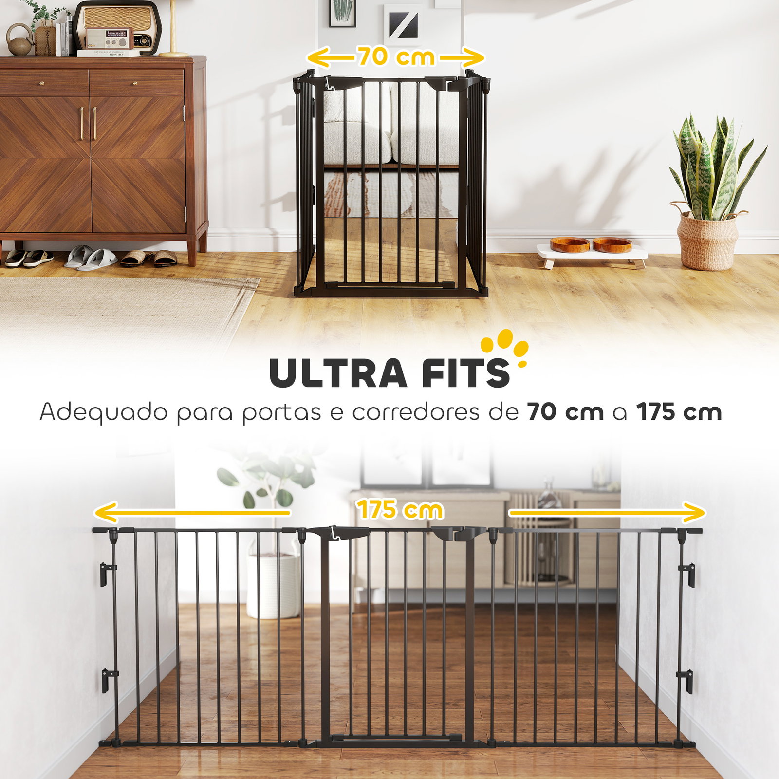 Barreira de segurança para animais de estimação barreira dobrável de 5 painéis com fechadura inteligente 300x74,5 cm preto