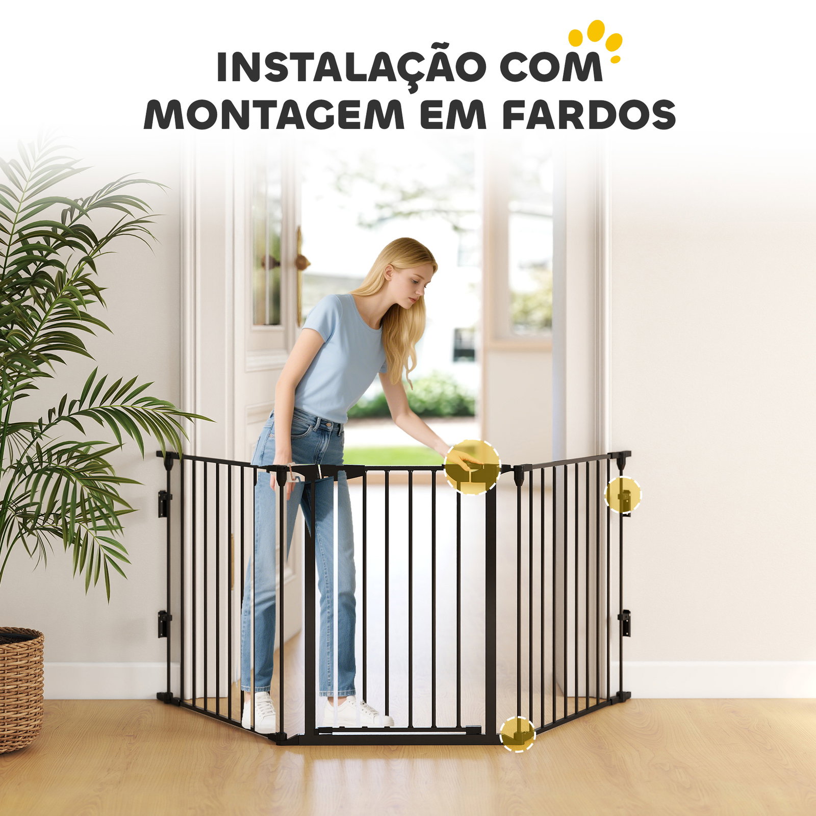 Barreira de segurança para animais de estimação barreira dobrável de 5 painéis com fechadura inteligente 300x74,5 cm preto