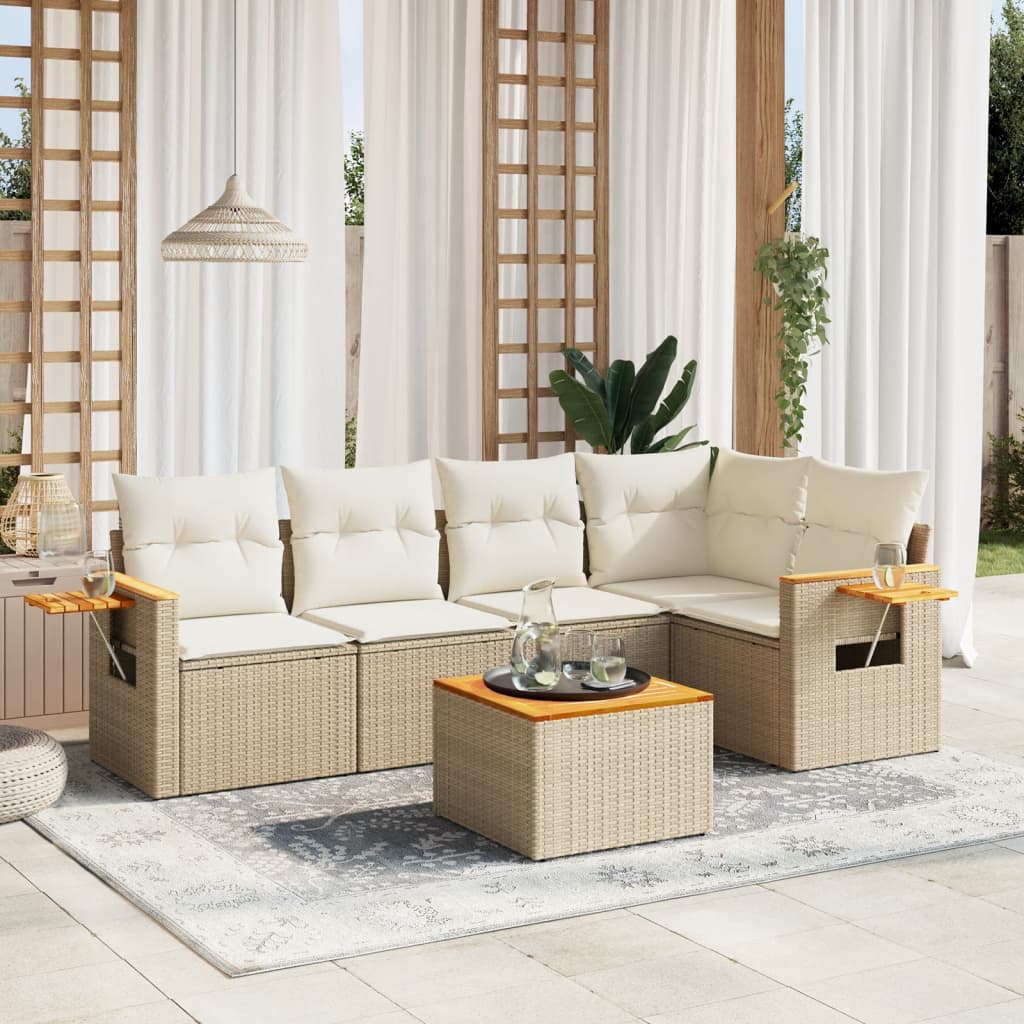 6 Pcs conjunto de sofás p/ jardim com almofadões vime PE bege