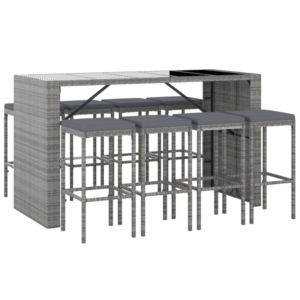 9 Pcs conjunto de bar p/ jardim c/ almofadões vime PE cinzento