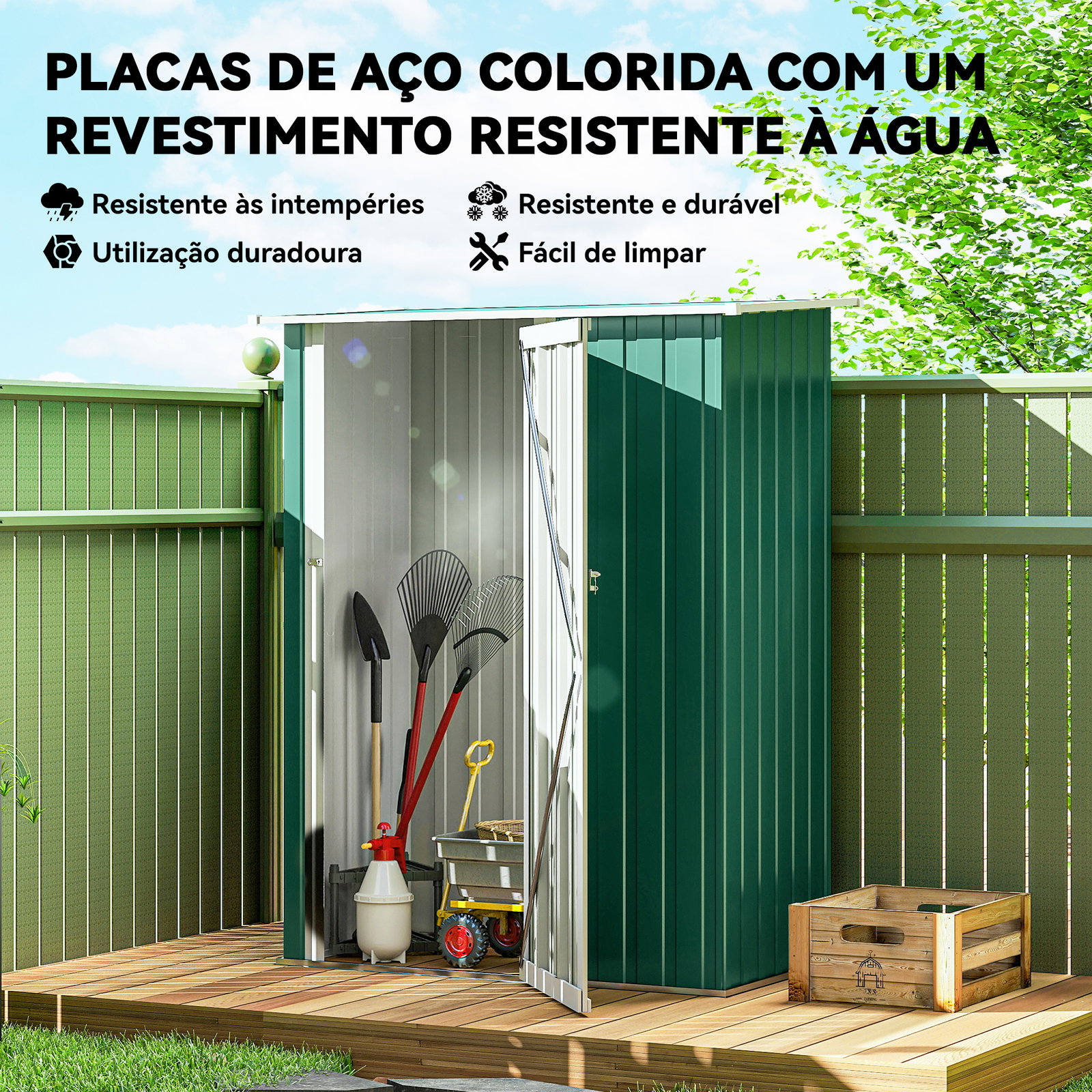 Abrigo de Jardim 142x84x189cm Abrigo de Jardim de Aço Galvanizado com Porta Fechadura e Orifícios de Drenagem para Armazenamento