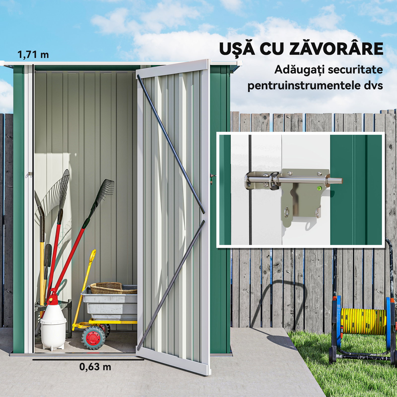 Abrigo de Jardim 142x84x189cm Abrigo de Jardim de Aço Galvanizado com Porta Fechadura e Orifícios de Drenagem para Armazenamento