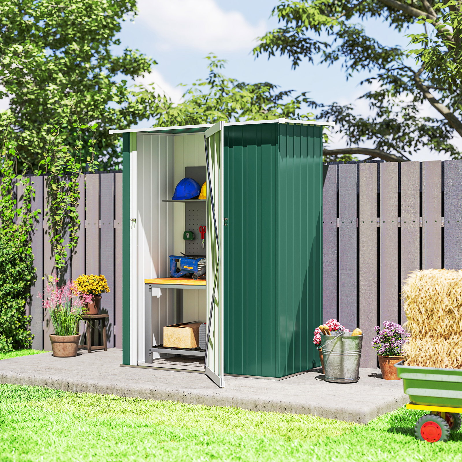 Abrigo de Jardim 142x84x189cm Abrigo de Jardim de Aço Galvanizado com Porta Fechadura e Orifícios de Drenagem para Armazenamento