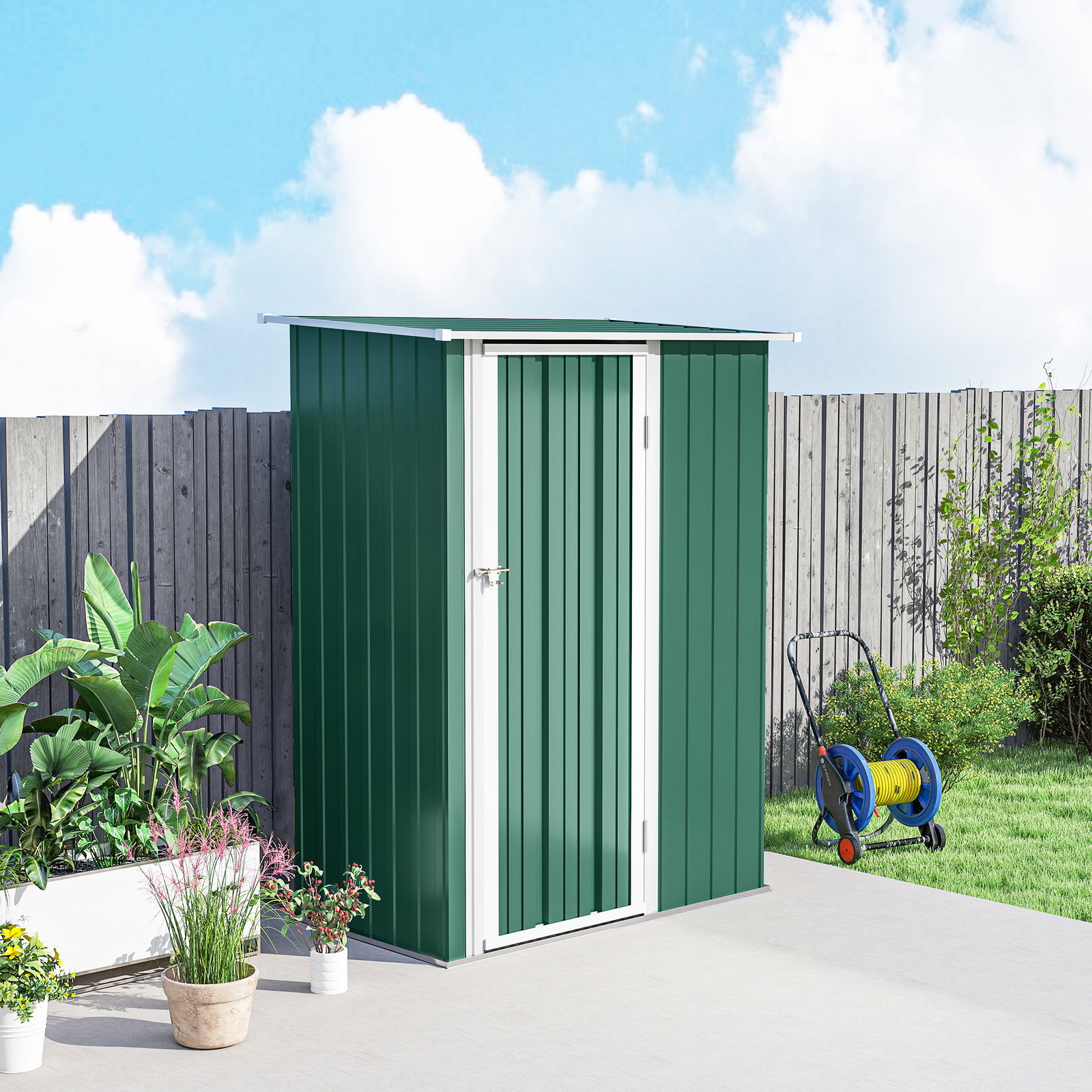 Abrigo de Jardim 142x84x189cm Abrigo de Jardim de Aço Galvanizado com Porta Fechadura e Orifícios de Drenagem para Armazenamento