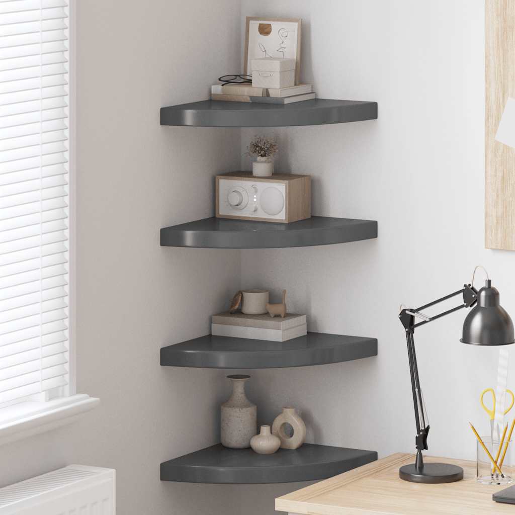 Prateleiras canto suspensas 4 pcs 35x35x3,8cm MDF cinza brilh.