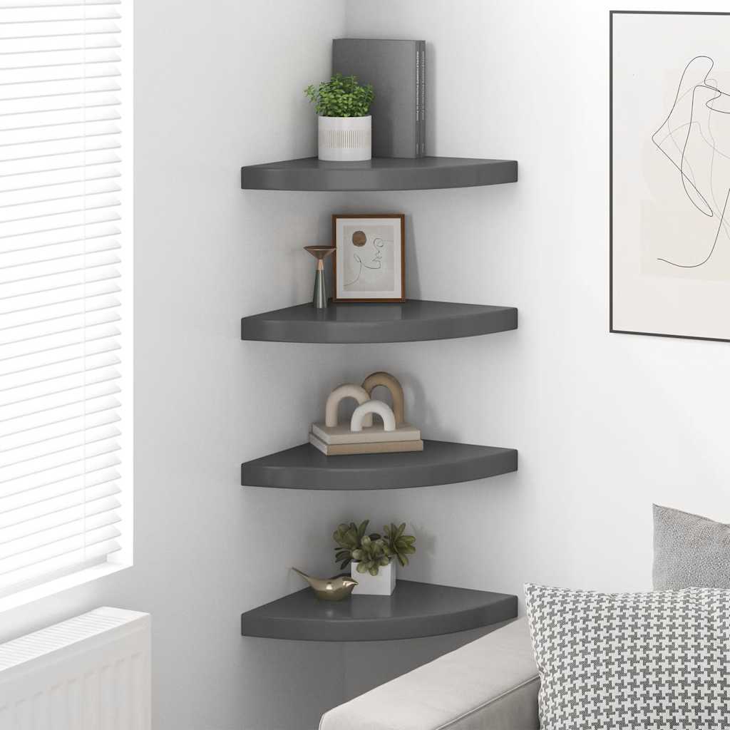 Prateleiras canto suspensas 4 pcs 35x35x3,8cm MDF cinza brilh.