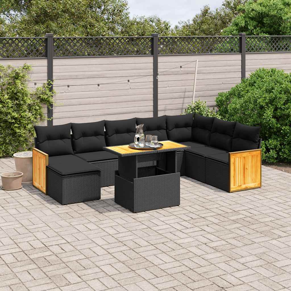 9 Pcs conjunto de sofás p/ jardim c/ almofadões vime PE preto