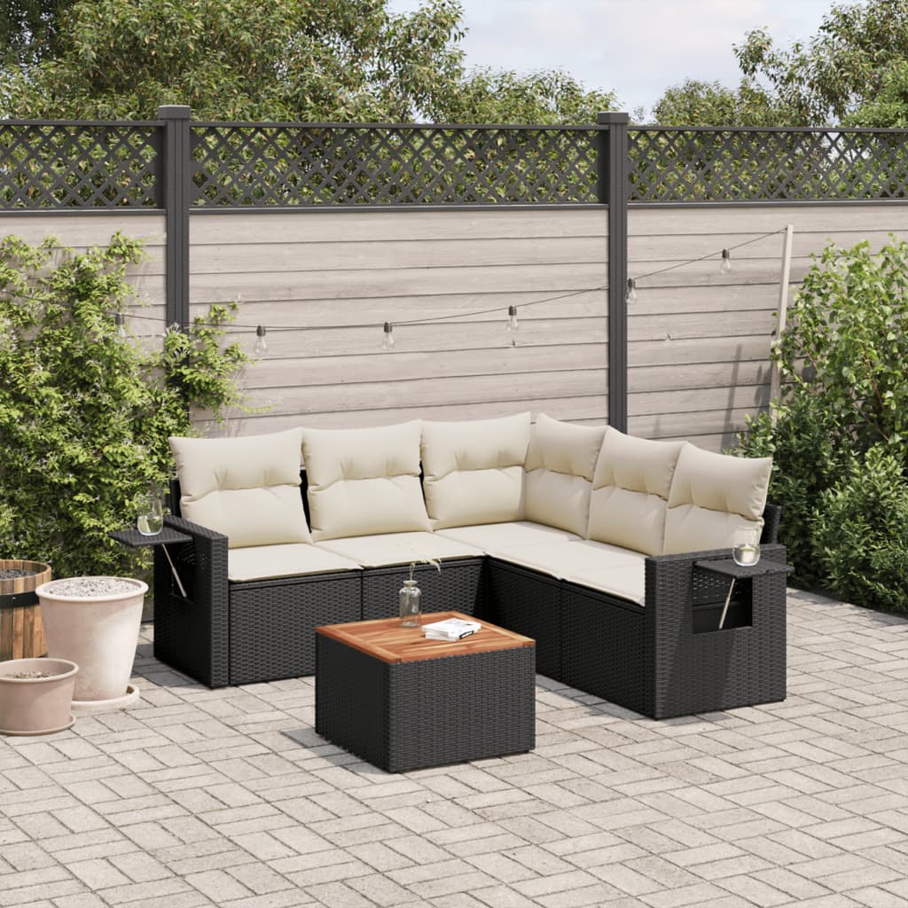 6 Pcs conjunto sofás de jardim c/ almofadões vime PE preto