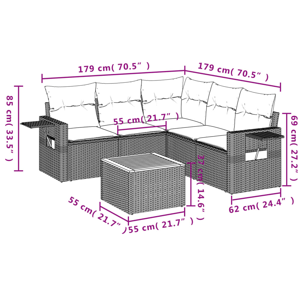 6 Pcs conjunto sofás de jardim c/ almofadões vime PE preto