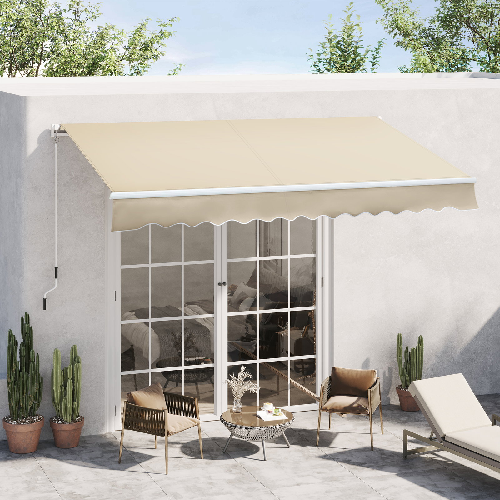Toldo manual retrátil 350x250 cm para varanda com manivela de metal impermeável e anti-UV para jardim terraço janelas creme
