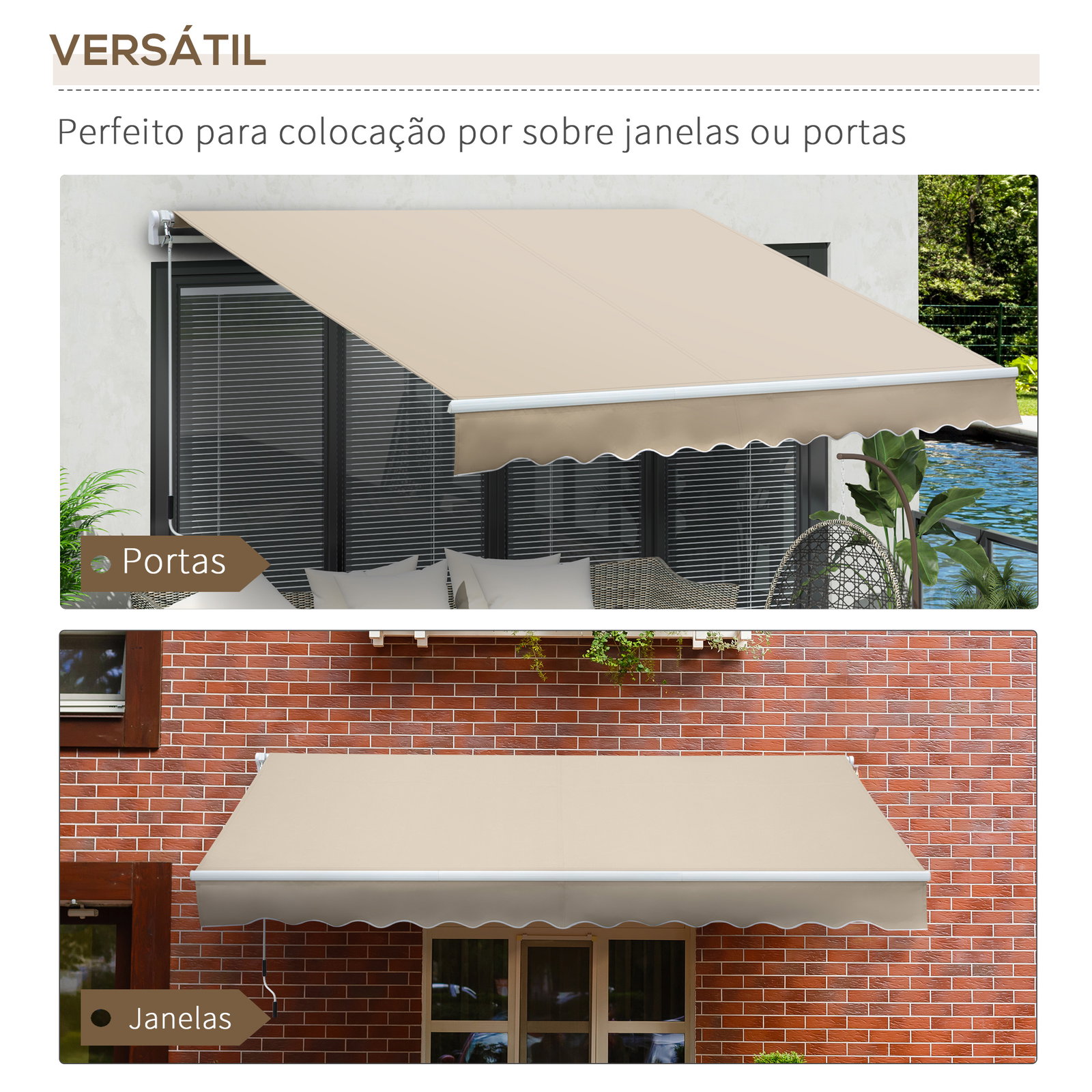 Toldo manual retrátil 350x250 cm para varanda com manivela de metal impermeável e anti-UV para jardim terraço janelas creme