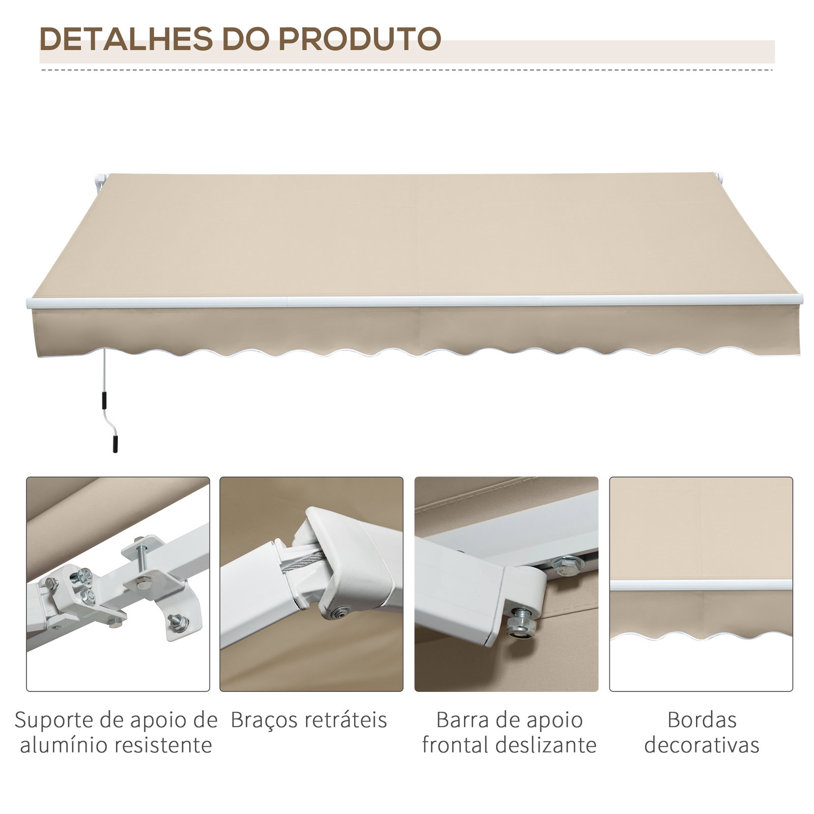 Toldo manual retrátil 350x250 cm para varanda com manivela de metal impermeável e anti-UV para jardim terraço janelas creme