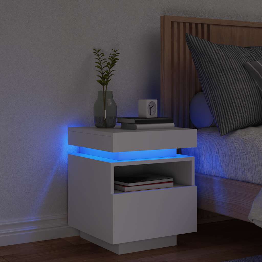 Mesa de cabeceira com luzes LED 40x39x48,5 cm branco