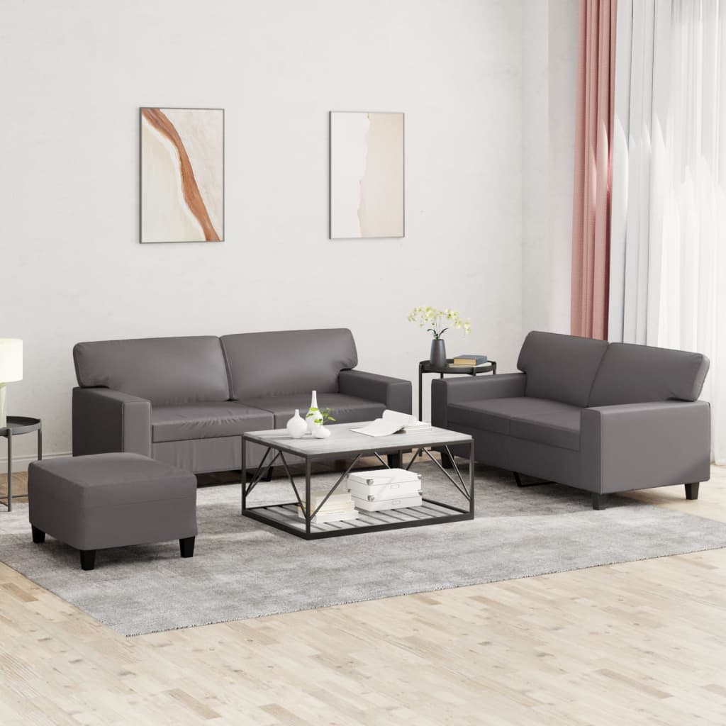 3 Pcs conjunto de sofás couro artificial cinzento