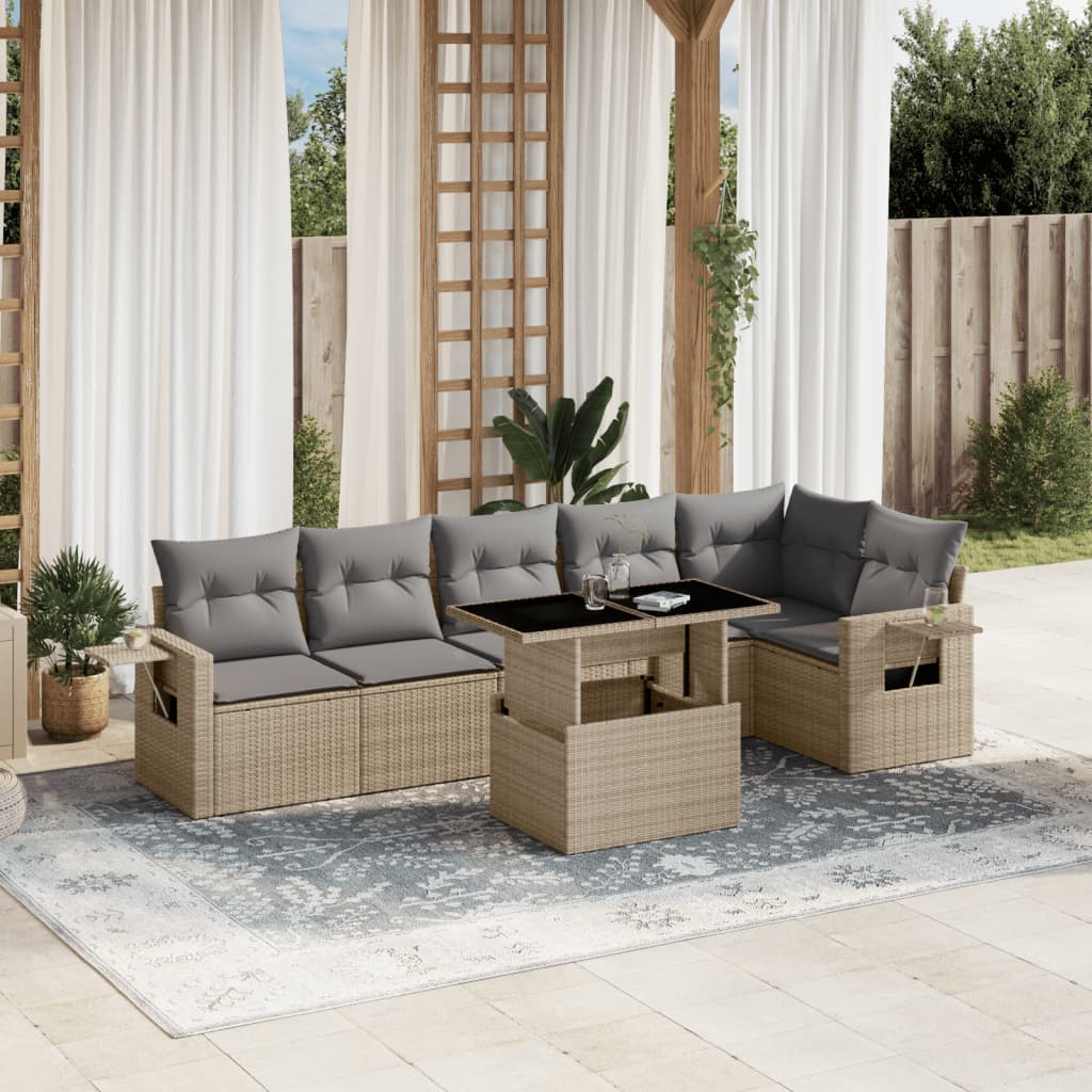 7 Pcs conjunto de sofás p/ jardim com almofadões vime PE bege