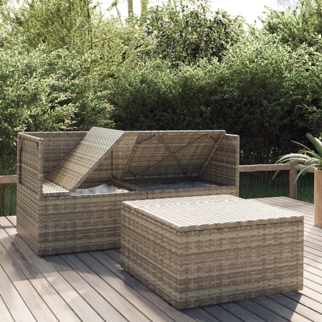 3 Pcs conjunto lounge de jardim c/ almofadões vime PE cinzento