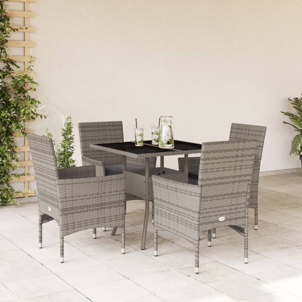 5 Pcs conjunto jantar jardim c/ almofadões vime PE/vidro cinza