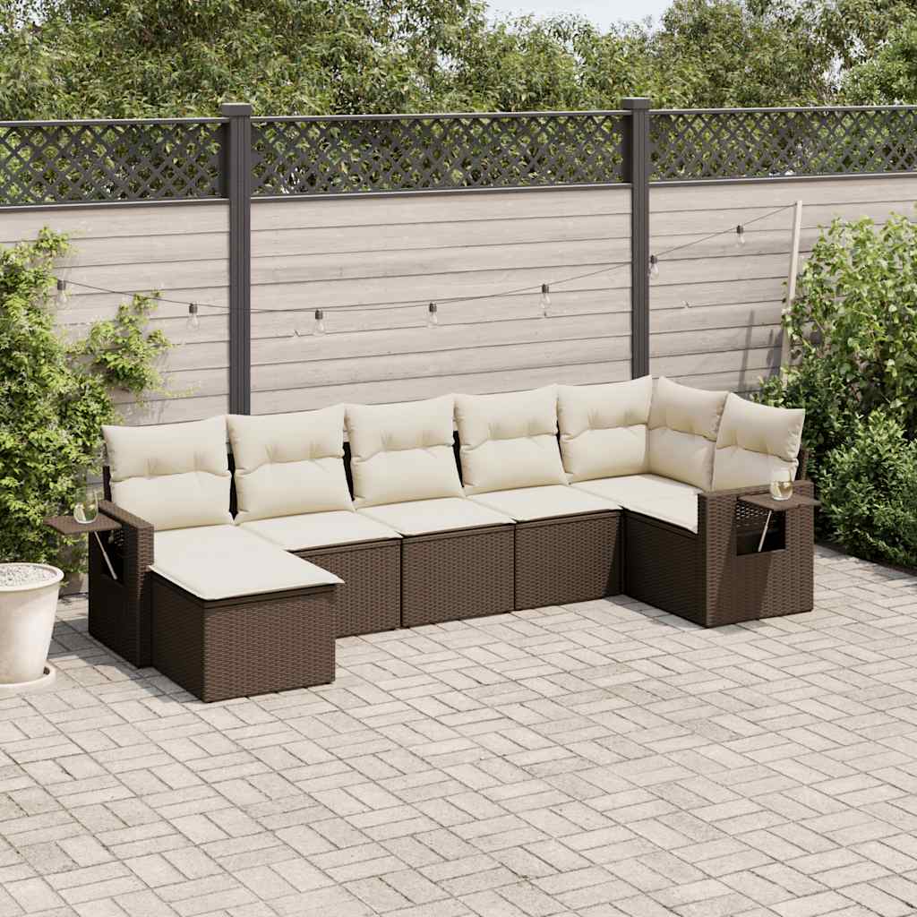 7 Pcs conjunto de sofás jardim c/ almofadões vime PE castanho