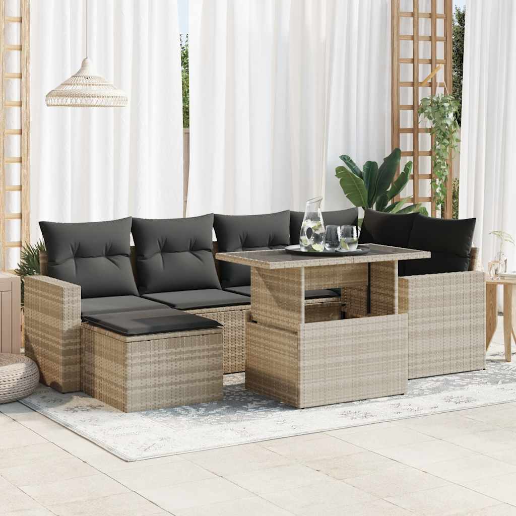 7 Pcs conj. sofás jardim com almofadões vime PE cinzento-claro