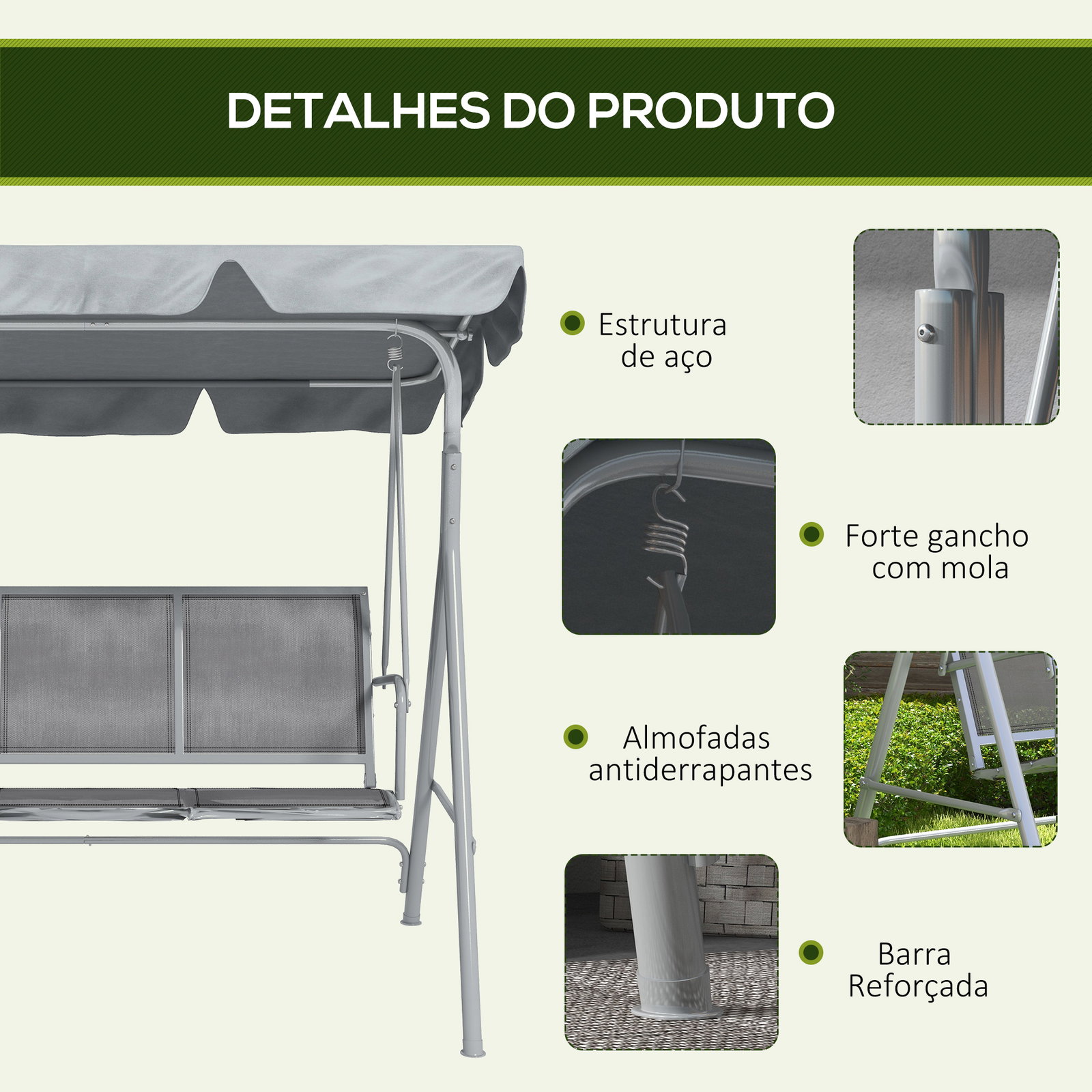 Baloiço Jardim de 3 Lugares com Toldo Ajustável Encosto Respirável e Estrutura de Metal Carga 240kg 171x108x154cm Cinza