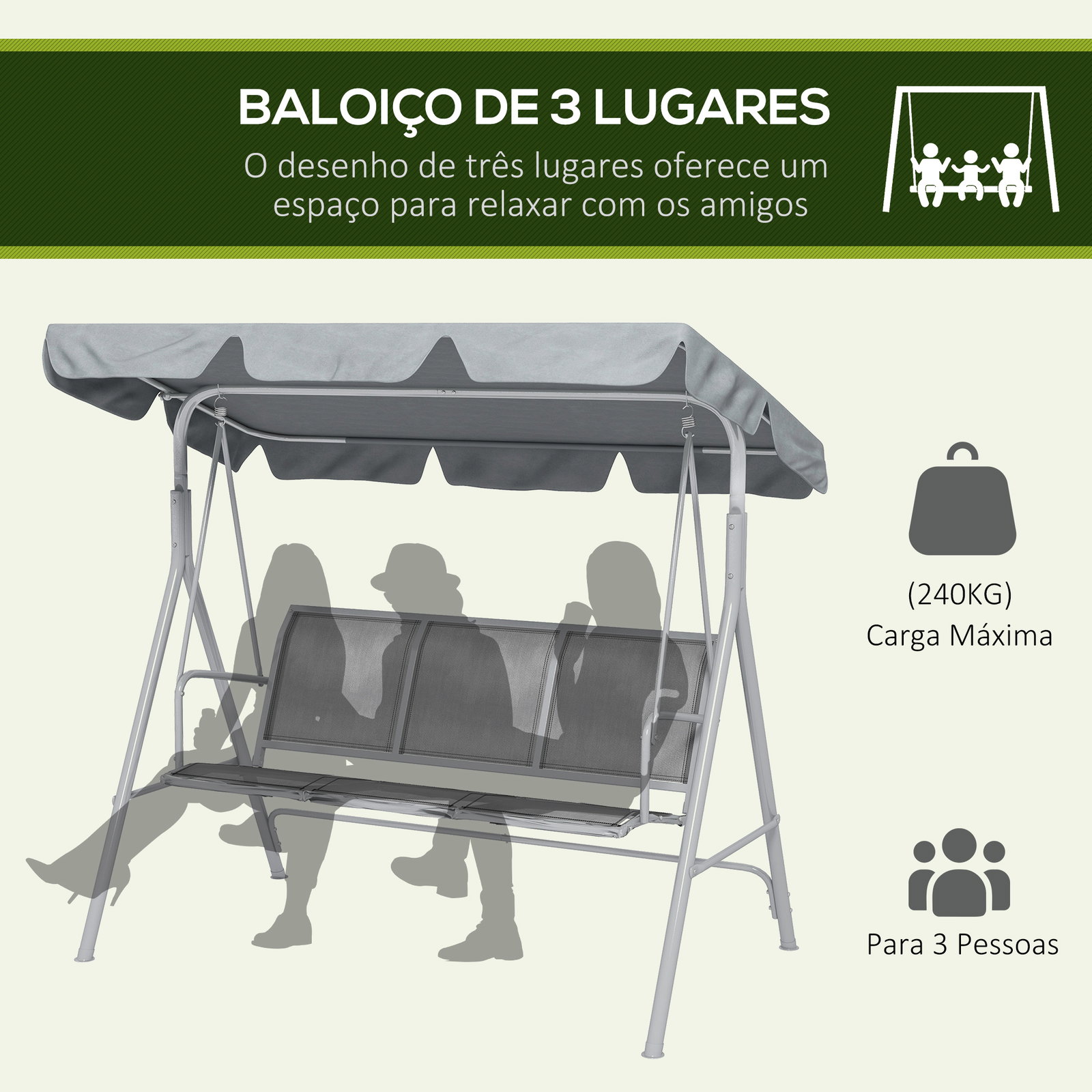 Baloiço Jardim de 3 Lugares com Toldo Ajustável Encosto Respirável e Estrutura de Metal Carga 240kg 171x108x154cm Cinza