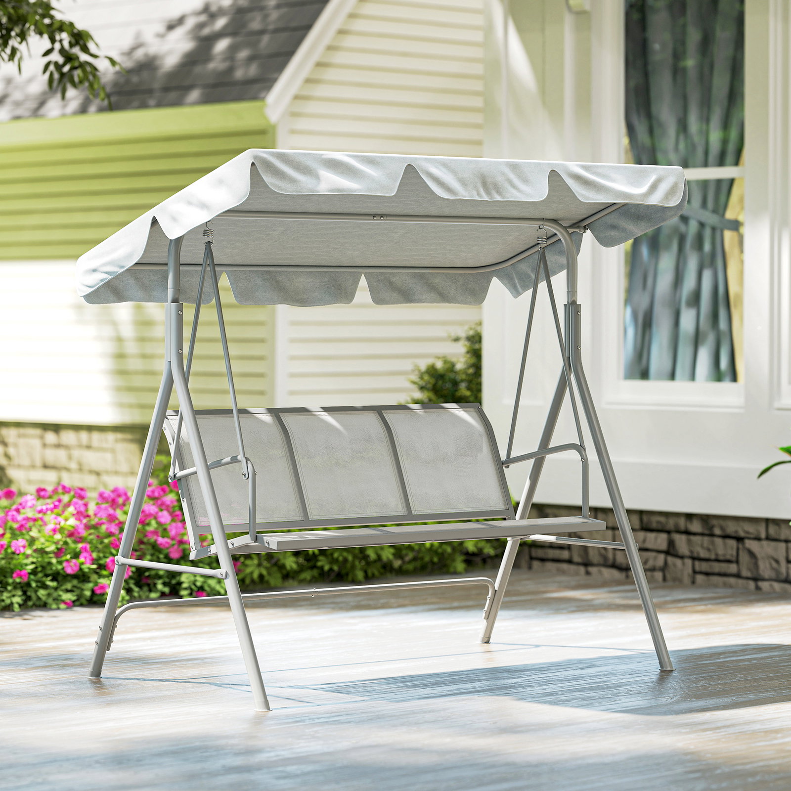 Baloiço Jardim de 3 Lugares com Toldo Ajustável Encosto Respirável e Estrutura de Metal Carga 240kg 171x108x154cm Cinza