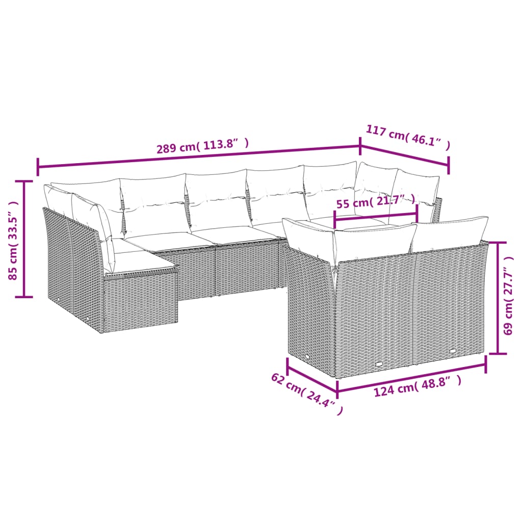 9 Pcs conjunto sofás p/ jardim c/ almofadões vime PE castanho
