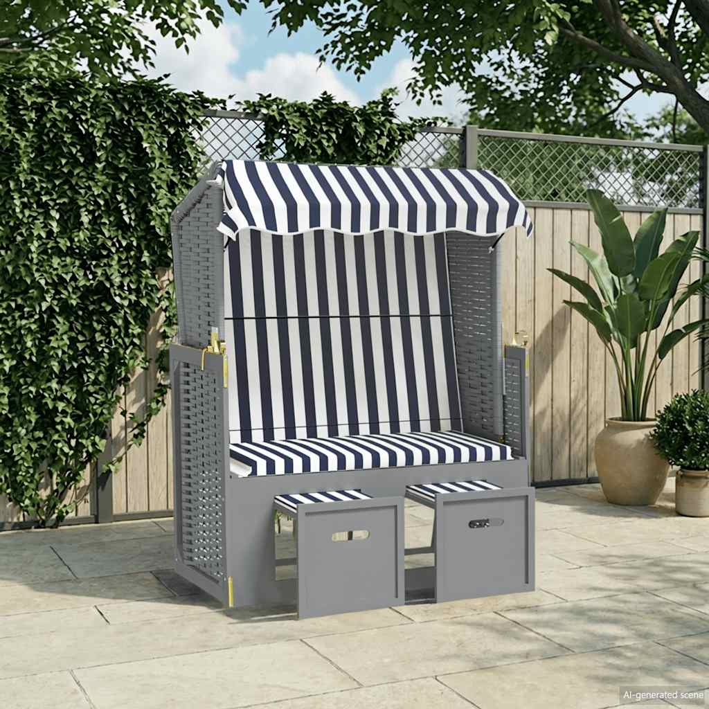 Strandkorb com toldo vime PE e madeira maciça azul e branco