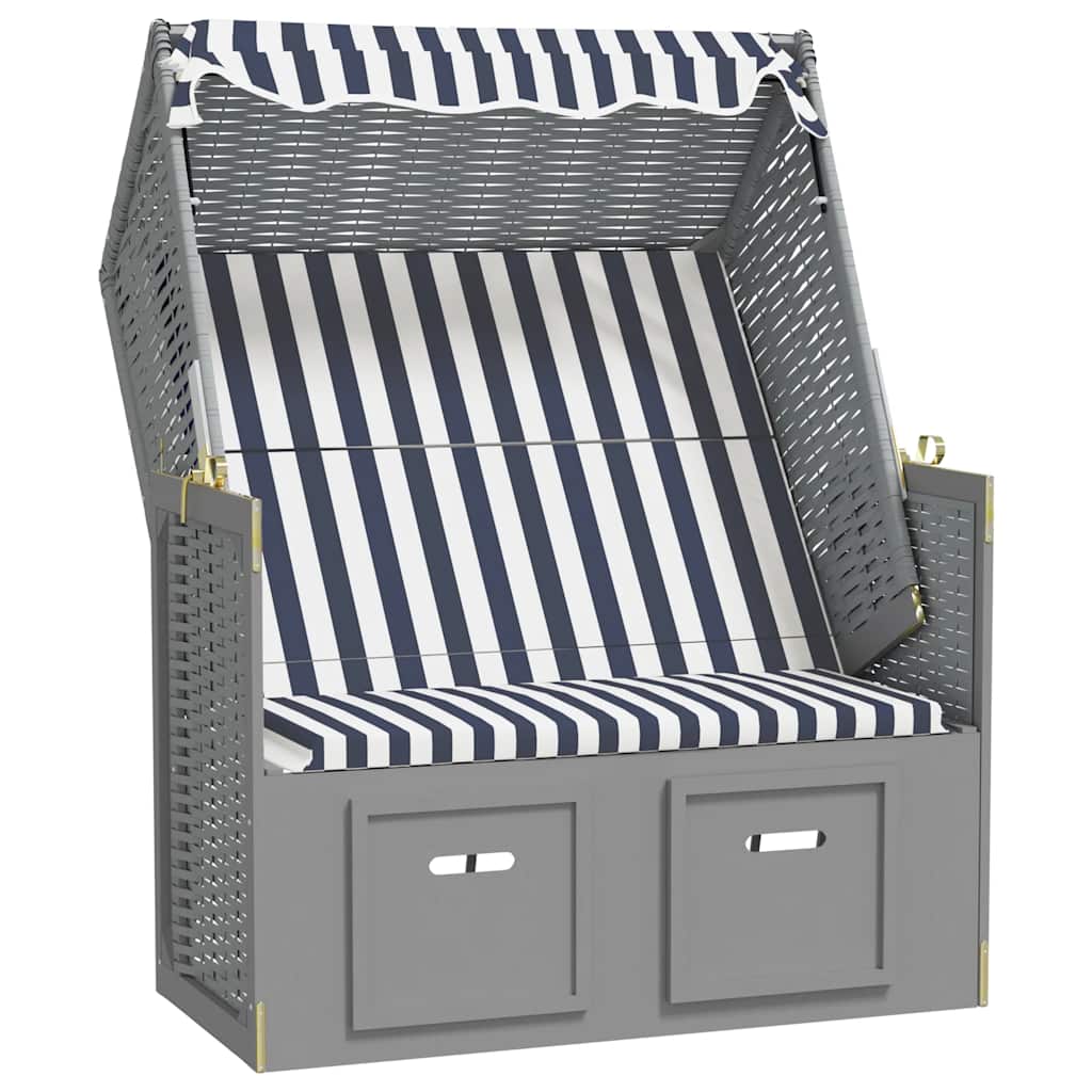 Strandkorb com toldo vime PE e madeira maciça azul e branco