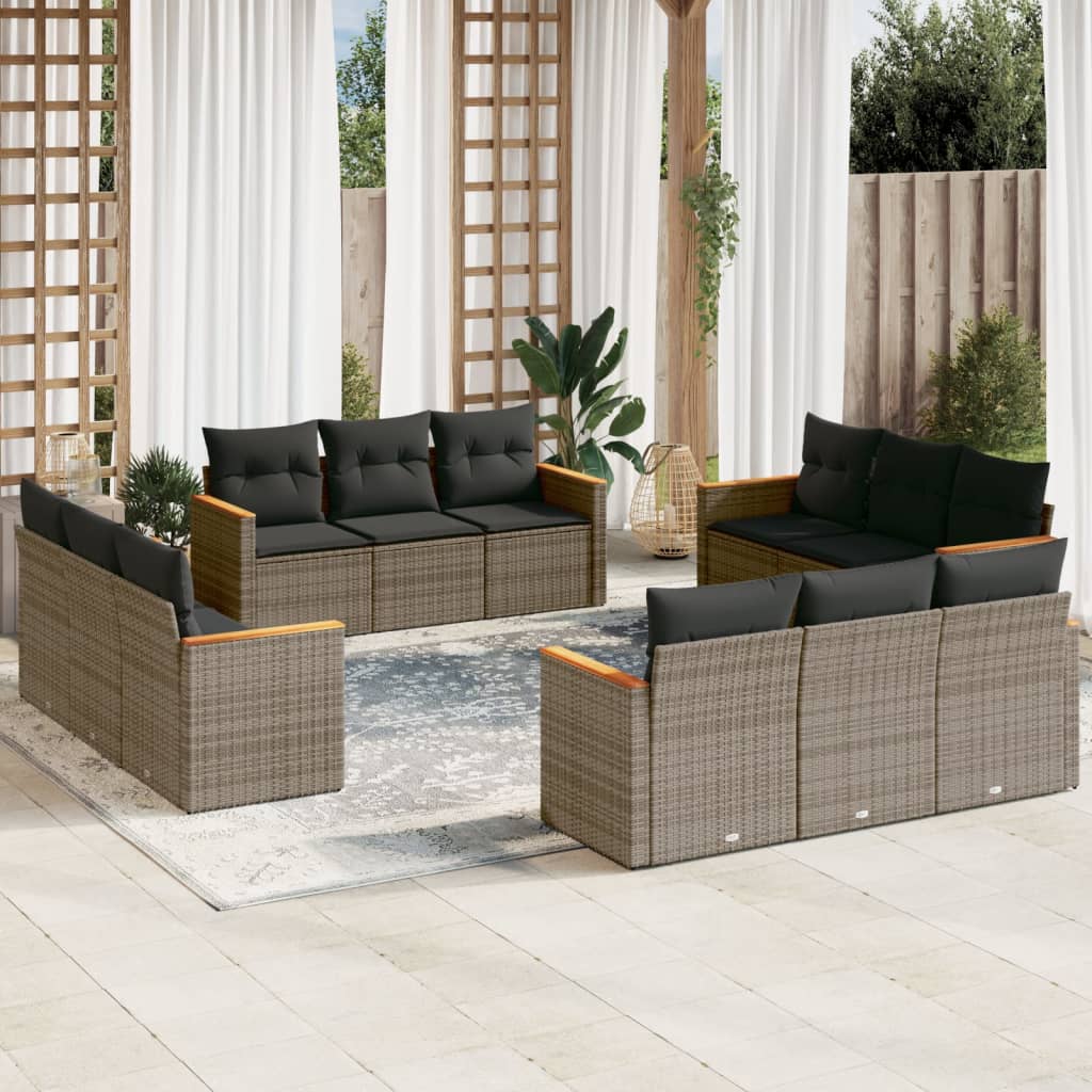 12 Pcs conjunto de sofás jardim c/ almofadões vime PE cinzento