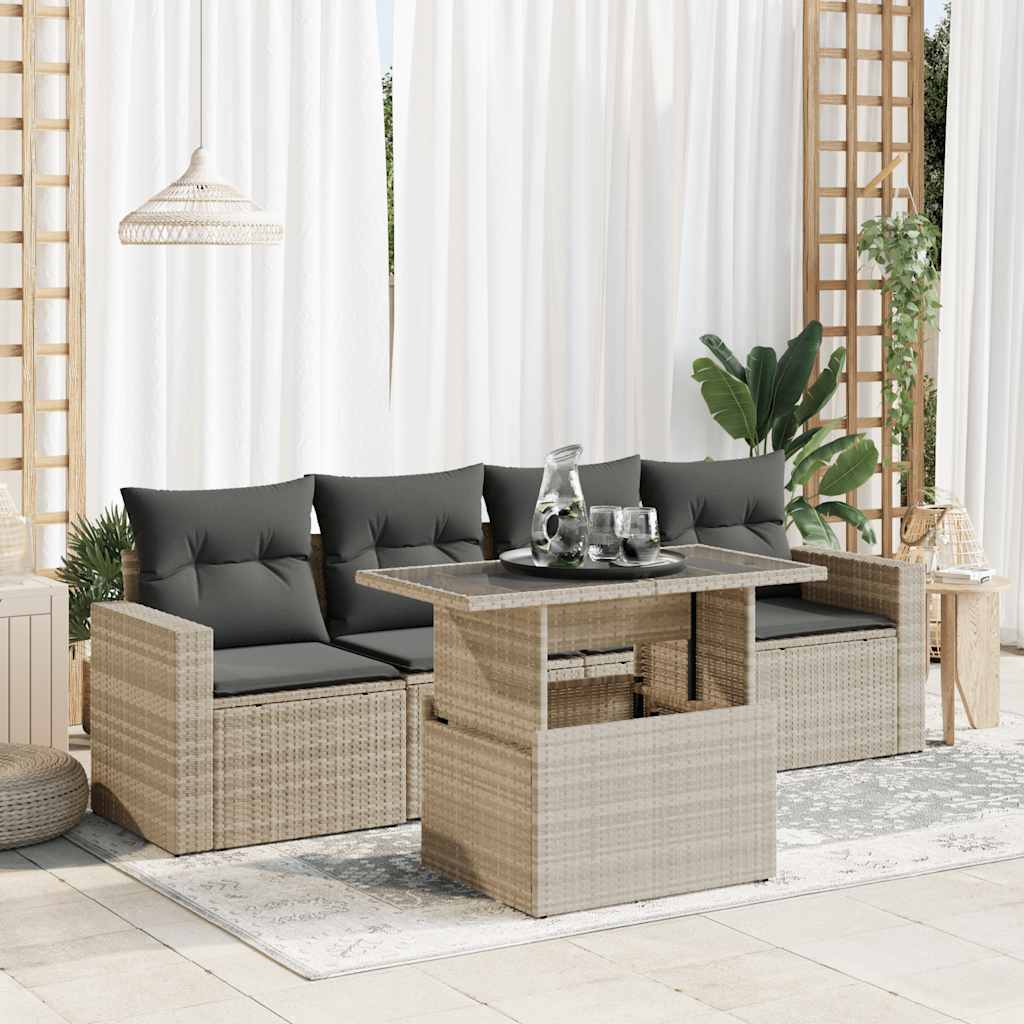 5 Pcs conj. sofás jardim c/ almofadões vime PE cinzento-claro