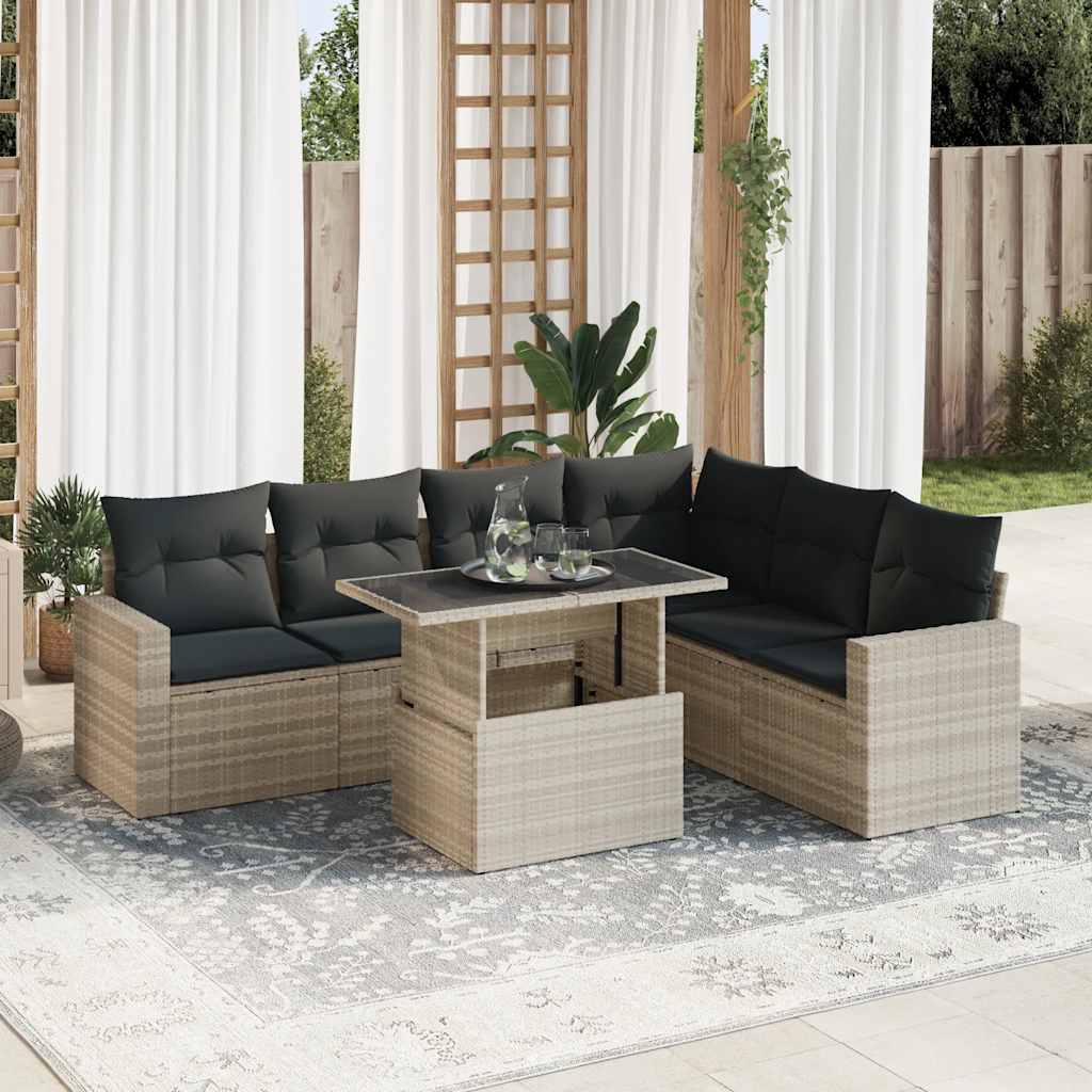 7 Pcs conj. sofás jardim com almofadões vime PE cinzento-claro