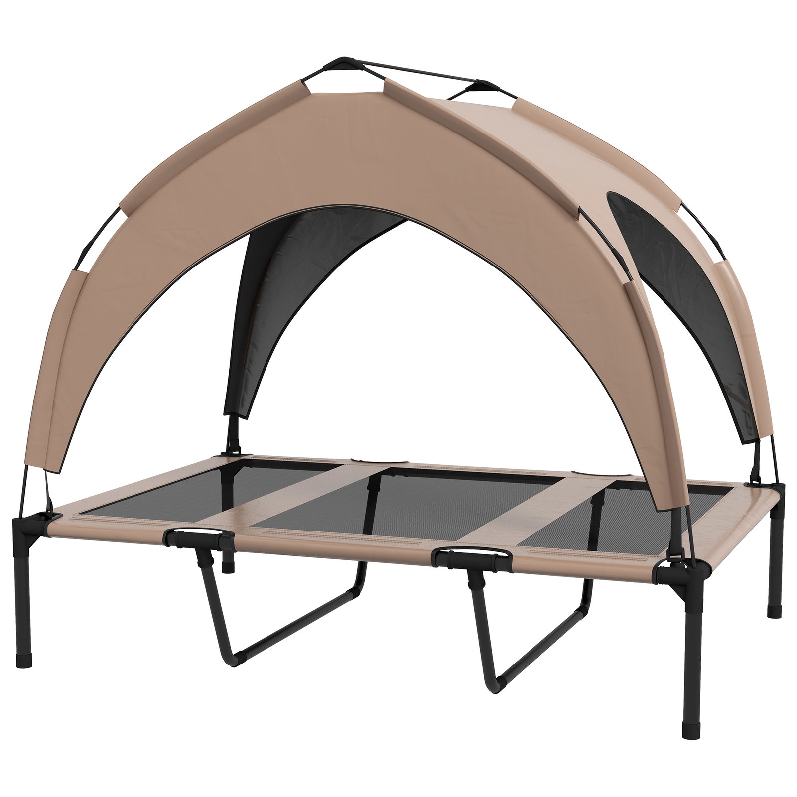 Cama para cães elevada com toldo para cães médios com estrutura de aço e bolsa de transporte 106x76x94 cm marrom claro