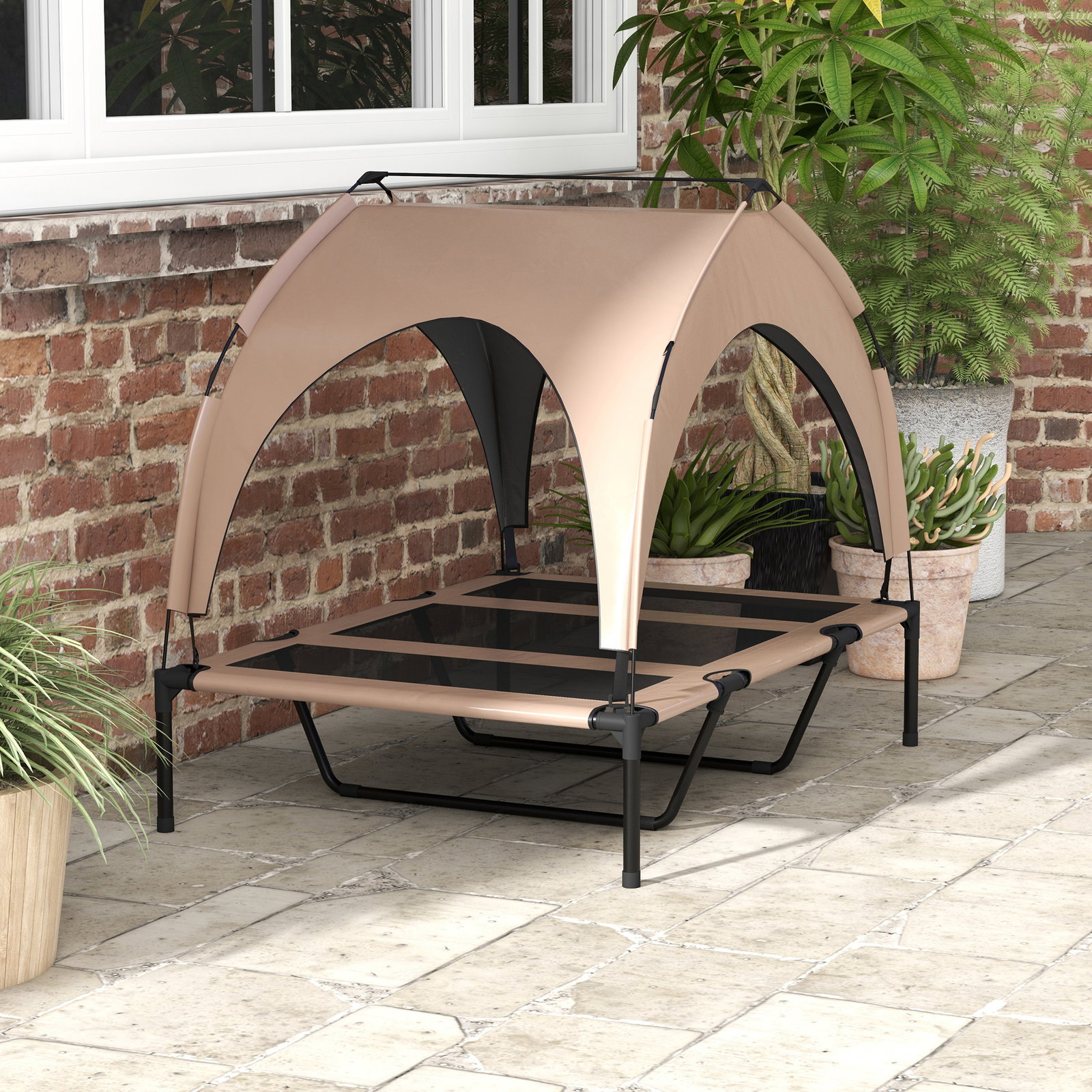 Cama para cães elevada com toldo para cães médios com estrutura de aço e bolsa de transporte 106x76x94 cm marrom claro