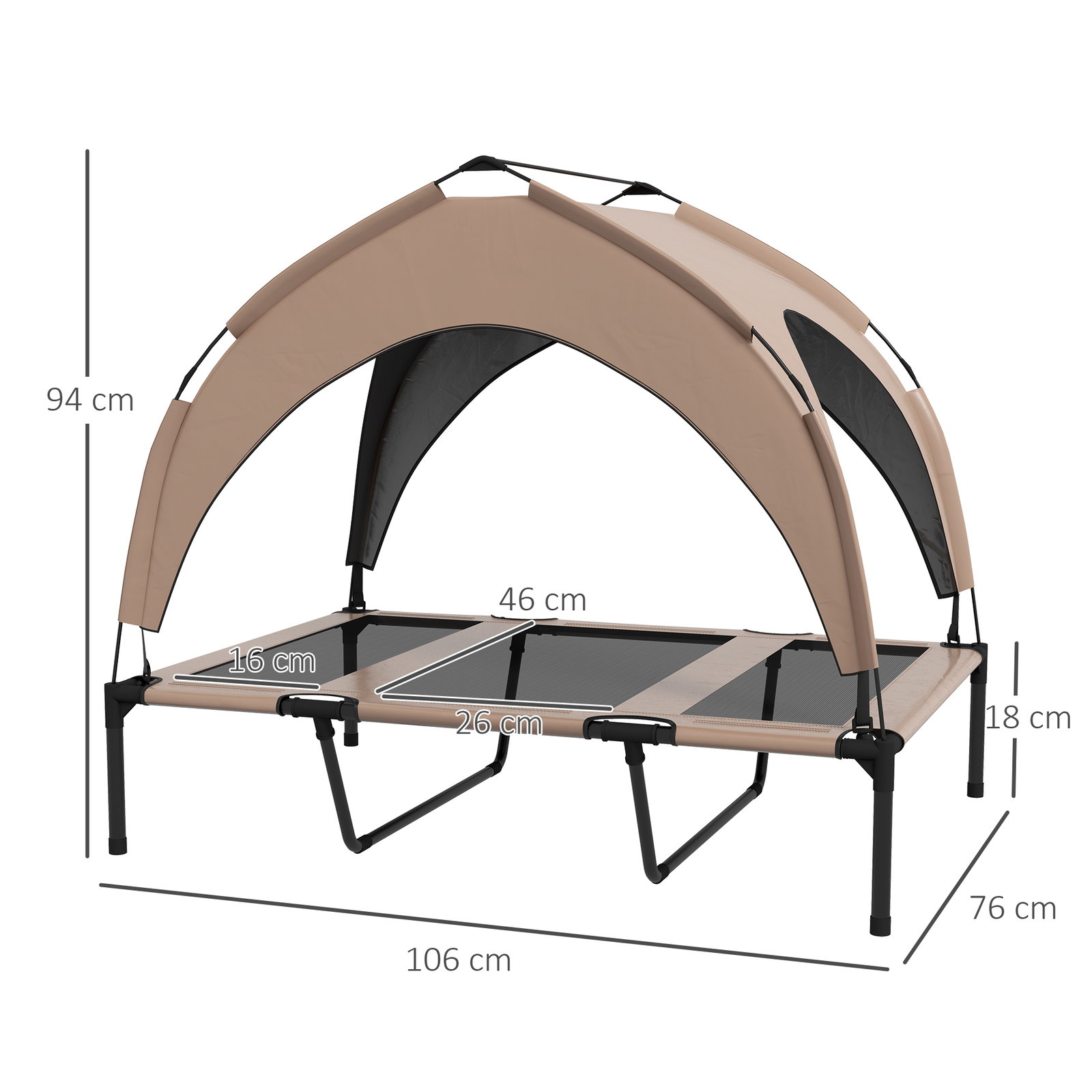 Cama para cães elevada com toldo para cães médios com estrutura de aço e bolsa de transporte 106x76x94 cm marrom claro